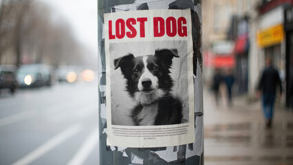 Lost dog poster on city street, weathered pole, urban search, missing pet alert, black and white photo, pet recovery, neighborhood notice, public announcement
