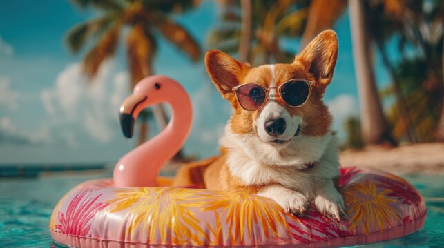 A corgi wearing sunglasses floats on a vibrant inflatable ring in a sunny tropical pool. Palm trees sway in the background under a blue sky creating a perfect summer scene.