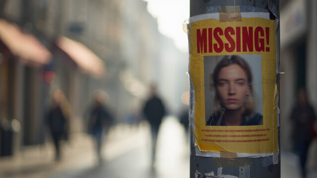 Missing person poster on city street pole with blurred crowd in background, symbolizing search efforts, public alert, and urgent call for help in urban area
