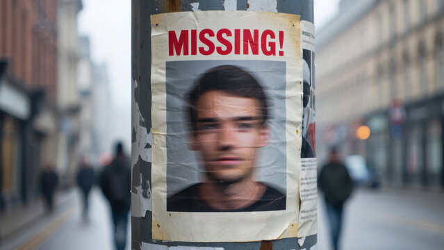Missing person poster on urban street, blurred image, search effort, public awareness, mystery, investigation, missing notice, lost person, city environment, community support - Powered by Adobe
