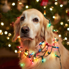 Cozy Holiday Scene with Dog and Glowing Decorations Indoors