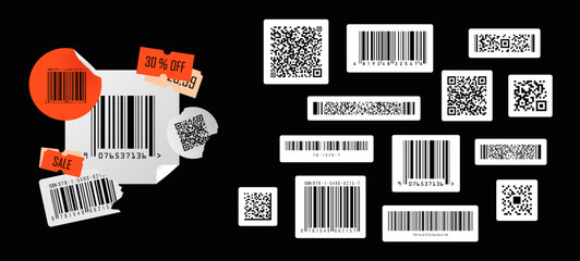 Barcode and QR Code Sticker Set with Sale Tags. Vector set of barcodes, QR codes, and retail sale tags in sticker style. Perfect for packaging, product mockups, or digital labels. Vector set