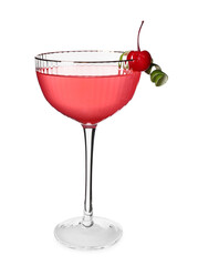 Glass of tasty Cosmopolitan cocktail garnished with lime peel and cherry on white background