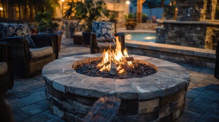 A warm fire crackles in a stone fire pit creating a cozy atmosphere. Surrounding chairs invite relaxation while palm plants add a tropical feel to this serene outdoor space.
