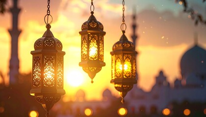 Obraz premium Beautiful Ramadan lanterns illuminated at sunset with a mosque in the background