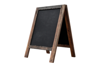 An empty wooden A-frame chalkboard with a rustic dark finish stands isolated on a waiting for a message  isolated on transparent background, perfect cutout, PNG