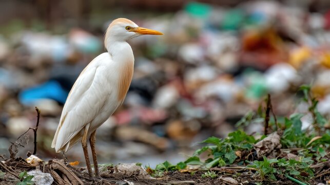 White Cattle Egret Searching for Food amidst Trash Dump, Captivating Wildlife Photography for Environmental Awareness Campaigns, Energetic and Impactful Image.