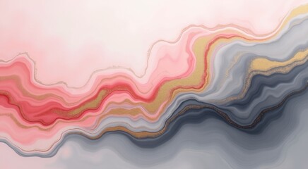 Abstract painting of a pink blue and gold wave pattern
