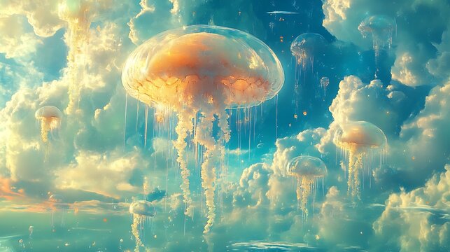 Autumn mountain landscape featuring a serene lake reflecting the colorful sunset sky and high snowy peaks shrouded in mist