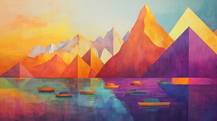 Autumn mountain landscape featuring a serene lake reflecting the colorful sunset sky and high snowy peaks shrouded in mist