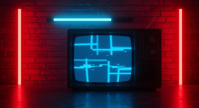 Retro television with glitch screen and neon lights in a dark room, evoking a sense of nostalgia and futuristic cyberpunk aesthetic