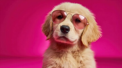 A joyful golden retriever puppy is wearing stylish pink sunglasses. The vibrant pink background highlights the puppys fluffy fur and playful demeanor making it an adorable sight.