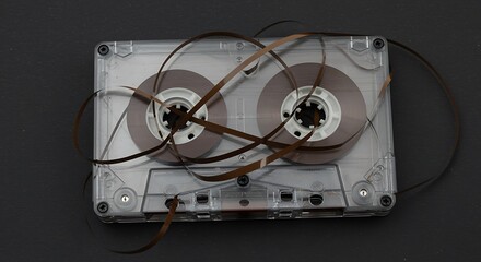 Damaged audio cassette tape with tangled magnetic ribbon, closeup shot on a dark background