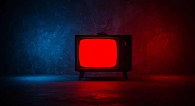 Vintage television with a glowing red screen in a dark room with blue and red lighting