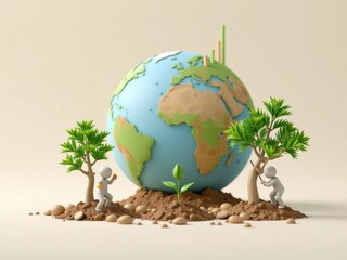 Earth with miniature figures planting trees