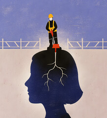Conceptual Illustration: Construction Worker Impacting Woman's Mind
