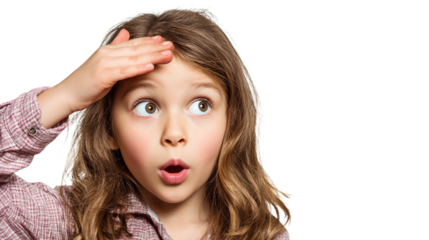 Child with surprised expression touching forehead while looking up with wide eyes on white background