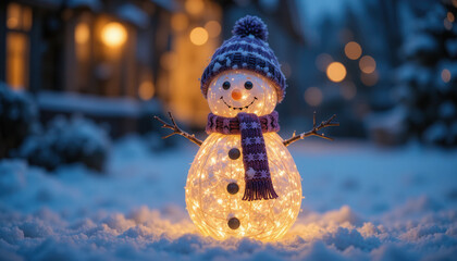 Illuminated Holiday Snowman with Hat and Scarf in Cozy Yard