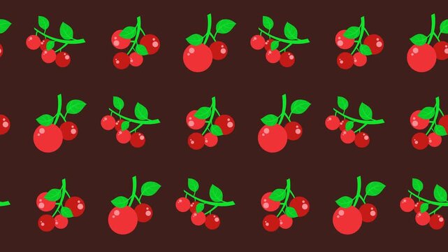 Seamless pattern of stylized red cherries or berries on tile background animation. Repeat wallpaper with dark botanical fruit and foliage icons. Food and harvest backdrop decoration element concept.