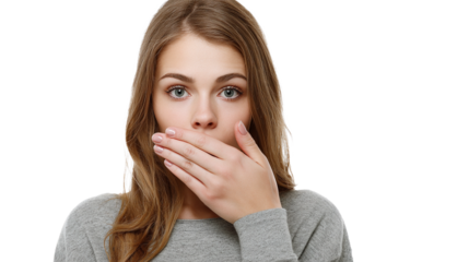 Young woman showing surprise or shock with hand over mouth, bright background highlighting her expression and soft features, conveying an instinctive reaction to unexpected news or event