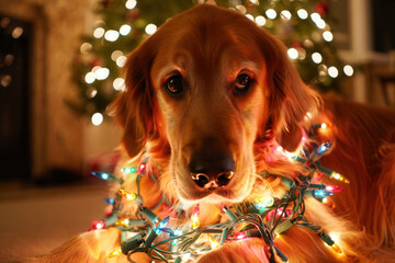 Golden Retriever Wrapped in Christmas Lights by Festive Tree
