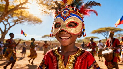 African boy wearing mask at celebration, festive setting with bright colors and decorations, creating an atmosphere of joyful celebration, cultural tradition, and vibrant community spirit.