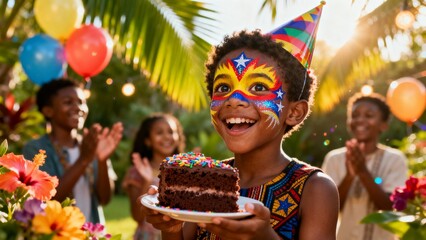 African boy with face paint at birthday, festive setting with bright colors and decorations, creating an atmosphere of joyful celebration, cultural expression, and vibrant party excitement.