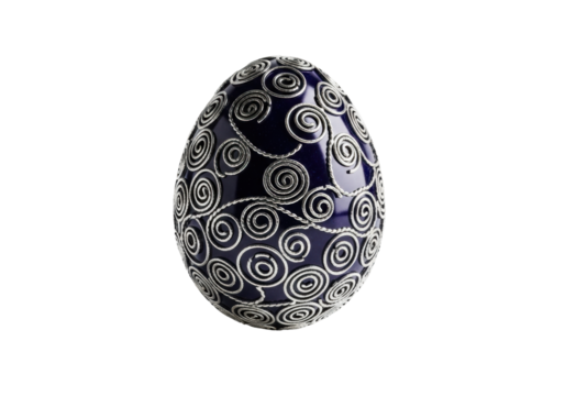 Luminous deep indigo polished obsidian egg with intricate silver filigree, macro shot on a seamless transparent background with soft shadow, ample copy space. Mysterious ancient artifact concept
