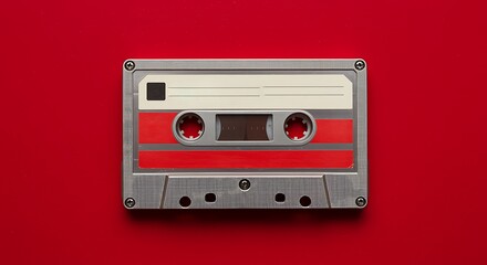 Obraz premium A vintage cassette tape with a black and white checkered pattern on a vibrant red background, evoking nostalgia and retro music vibes