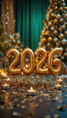 Golden 2026 Balloons with Candles and Christmas Tree in Festive Interior