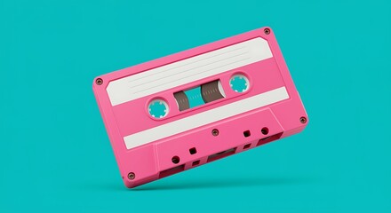 Obraz premium A bright pink cassette tape angled against a striking teal background, offering a playful and modern take on a classic audio medium