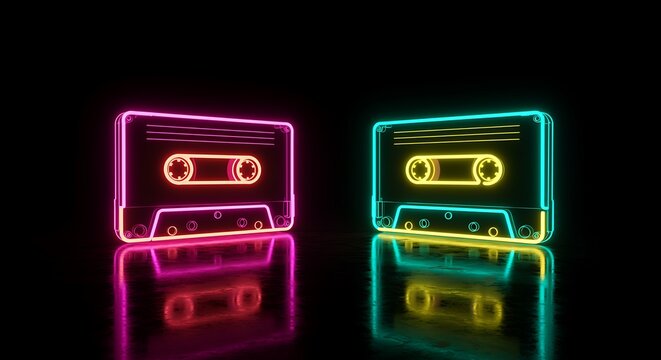 Two neon cassette tapes glowing with pink and cyan light, reflected on a dark surface, evoking a retro music vibe