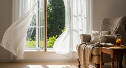 Bright Morning Sunlight Through Open Window Sheer Curtains Gently Flowing A peaceful and cozy indoor scene with an open window allowing a gentle breeze to blow light, sheer white curtains inward 