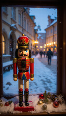 Festive Holiday Scene with Decorated Trees and Traditional Nutcracker