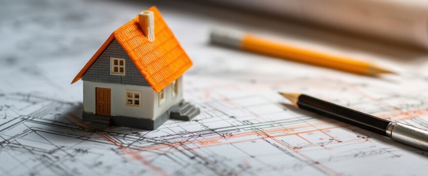 The house model on architectural blueprints with pencil and pen and plans - Powered by Adobe