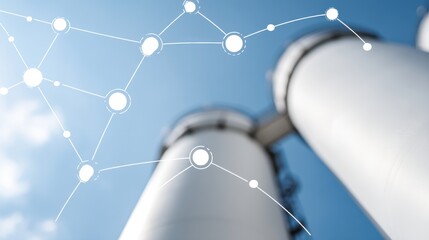 Industrial towers against clear blue sky technology infrastructure modern manufacturing environment elevated viewpoint connected concepts