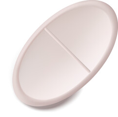 A white tablet split in half, creating a pronounced groove on a pure white background, representing the topics of medicine, health care and treatment solutions