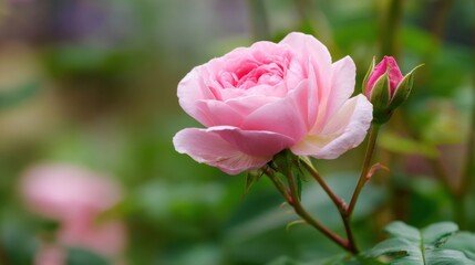 A pink rose is in full bloom displaying its delicate petals. A smaller bud is just beginning to open nearby. The garden is vibrant with green leaves under clear blue skies.