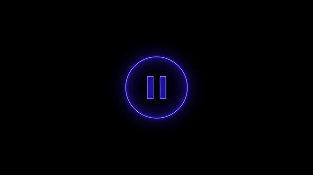 Blue Neon Pause Button Icon on Black Background symbol.  media player pause icon animation sign symbol on black background .