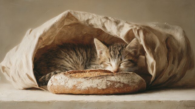 Sleeping Cat Hidden in a Loaf of Bread Playful and Whimsical Scene, Ideal for Branding and Creative Projects, Evoking a Sense of Surprise and Delight.