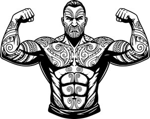 Fototapeta premium Muscular Maori Tribe Man with Traditional Tattoos Proud Strong in Black and White Outline Line Art Drawing 