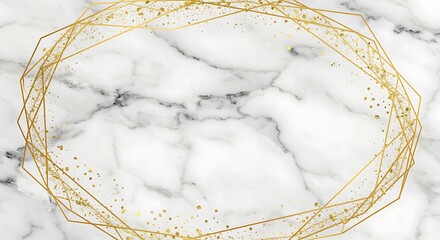Elegant gold geometric frame with glitter on a white marble background, luxurious and sophisticated design element