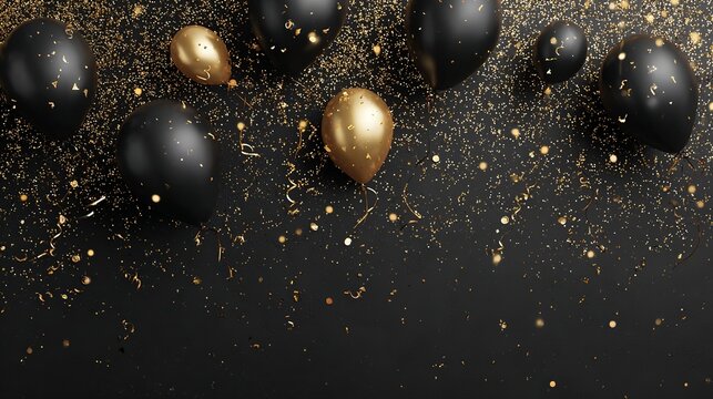 Celebrate in style with a luxurious cascade of black and gold balloons and shimmering confetti, perfect for upscale events and exclusive parties.