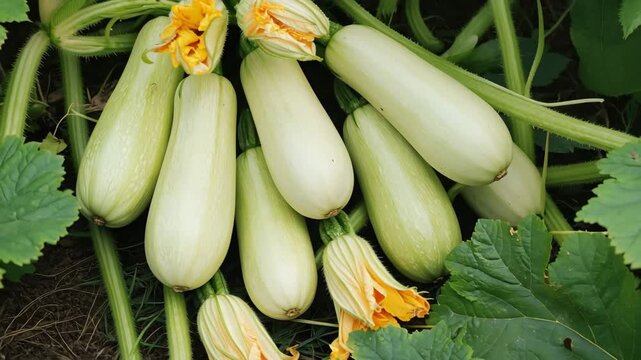 Fresh pale green zucchini squash growing on the vine with vibrant yellow blossoms and large