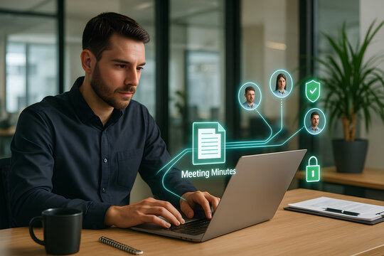 A man is typing on a laptop with a green screen that says "Meeting Minutes" on i - Powered by Adobe