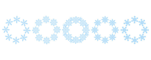 Collection of snowflake wreath frames. Ideal for winter holiday, Christmas, New Year card border, and festive decor
