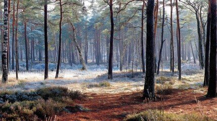 Fototapeta premium Peaceful winter forest scene nature landscape photography frosty environment serene viewpoint tranquil concept