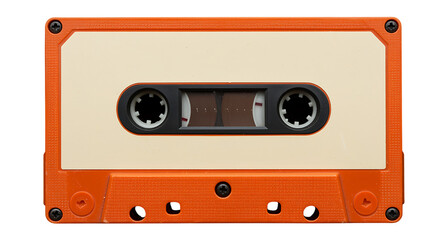Obraz premium Orange audio cassette tape with a cream colored label and black spool details, isolated on transparent background