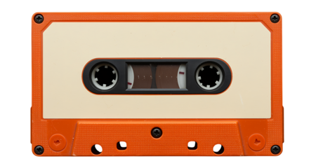 Orange audio cassette tape with a cream colored label and black spool details, isolated on transparent background