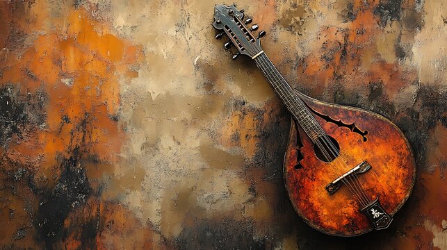 Abstract grunge music background featuring a wooden acoustic guitar and strings, ideal for classic rock or jazz sound concepts